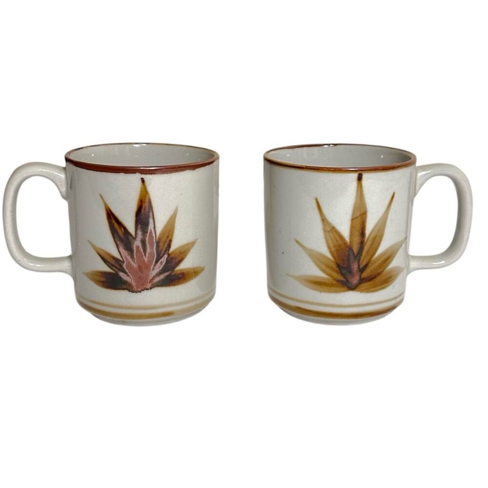 Vintage 70s Otagiri Handpainted Leaf Coffee Mug Tan - Set of 2 Tan Brown